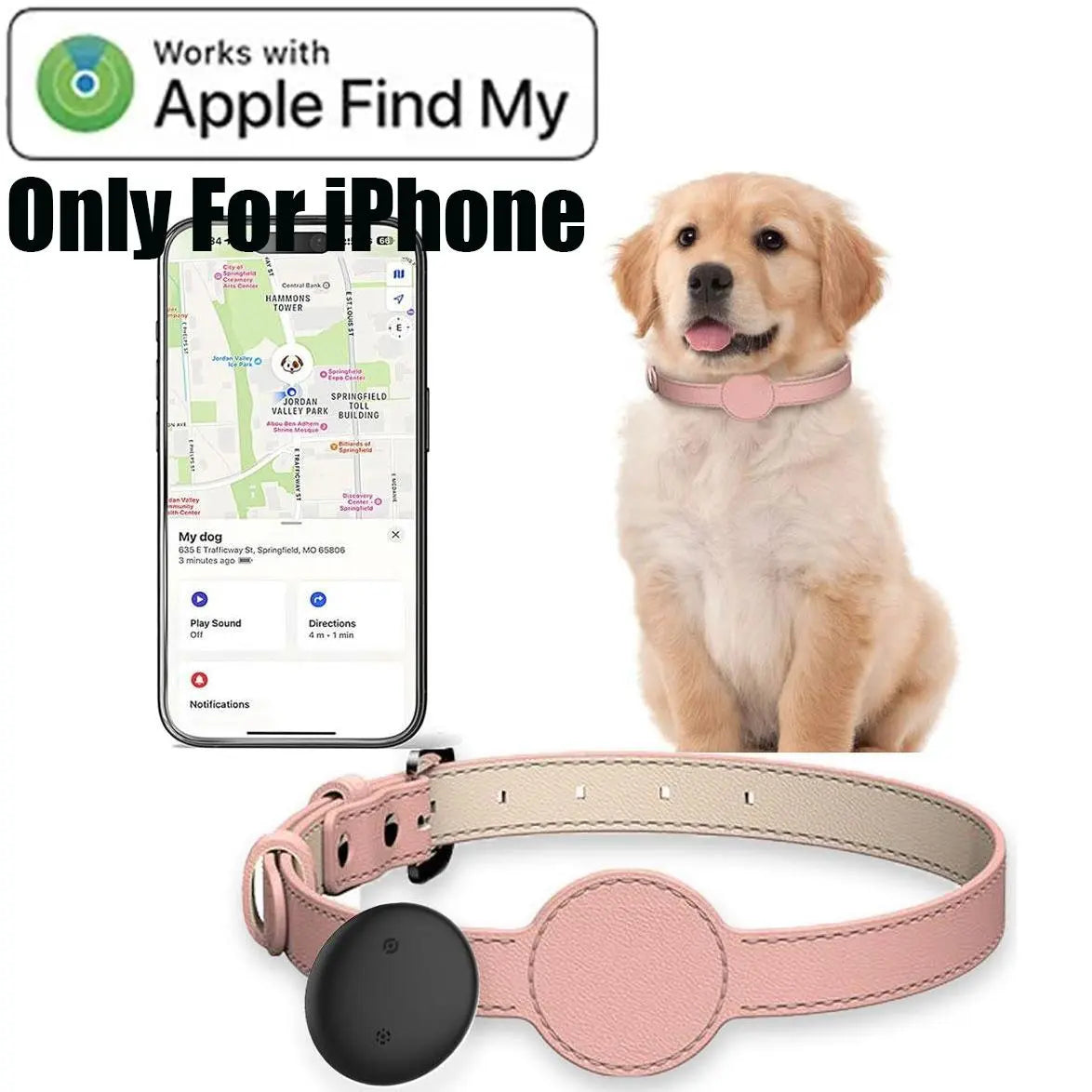 Apple Find My Smart Mini Cat & Dog Pet Tracker, Ios Compatible, Leather Adjustable Collar, Small Medium Large Dogs Puppies